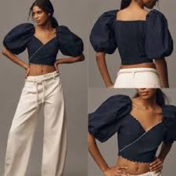 Anthropologie Mare Mare Puff-Sleeve Linen Wrap Blouse Navy White Scallop Sz Smal - Picture 2 of 9